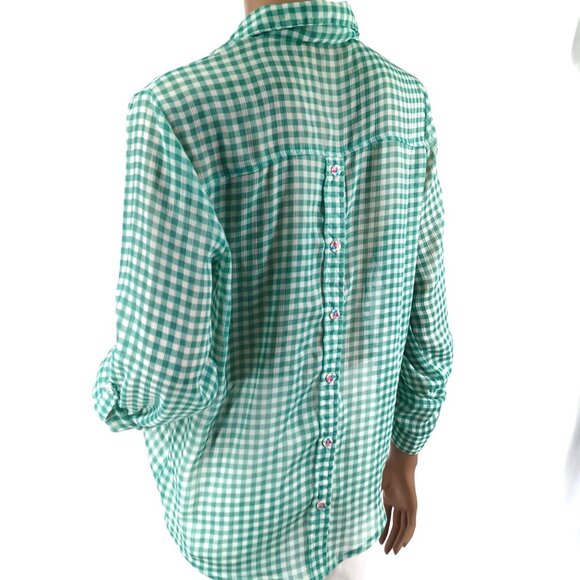 AMERICAN RAG Shirt Blouse M Green Chiffon Gingham Roll Tab Sleeves LS - Picture 5 of 6